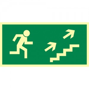 Znak kierunek do wyjścia drogi ewakuacyjnej schodami w górę w prawo