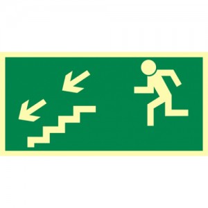 Znak kierunek do wyjścia drogi ewakuacyjnej schodami w dół w lewo